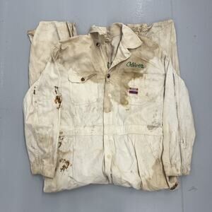 Vintage 50s Pioneer White Canvas Chainstitch Coveralls 40x29